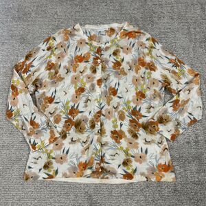 Garnet Hill Cardigan Sweater Womens Large Merino Wool Floral Button Orange Pink